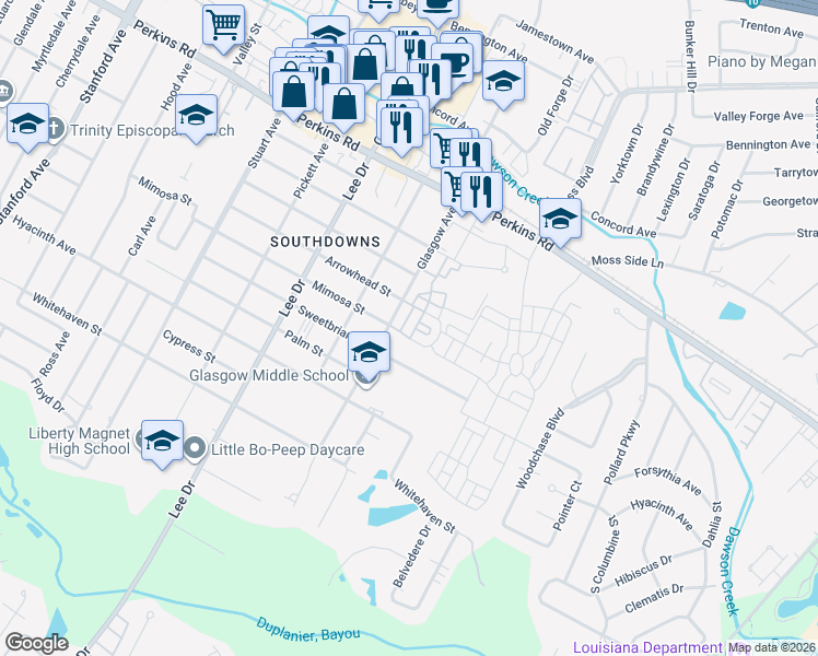 map of restaurants, bars, coffee shops, grocery stores, and more near 1969 Albizia Court in Baton Rouge