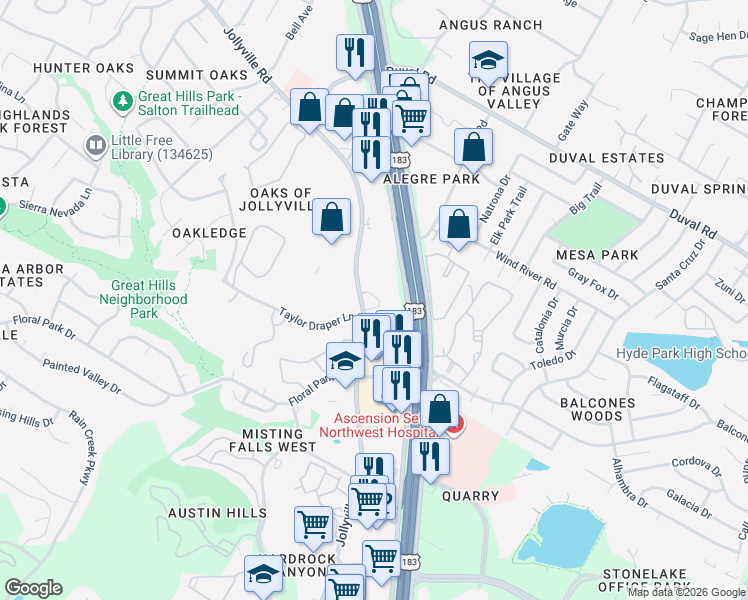 map of restaurants, bars, coffee shops, grocery stores, and more near 11301 Jollyville Road in Austin