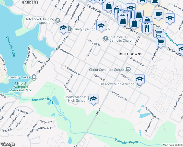 map of restaurants, bars, coffee shops, grocery stores, and more near 1495 Stuart Avenue in Baton Rouge