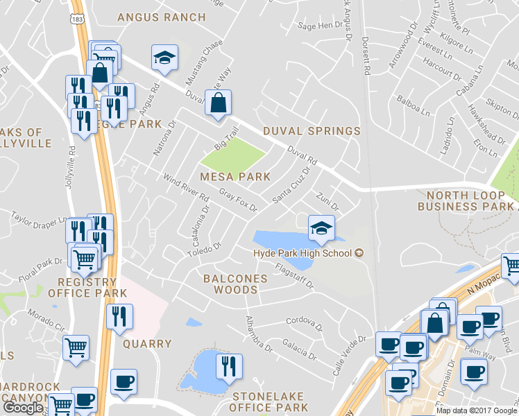 map of restaurants, bars, coffee shops, grocery stores, and more near 4600 Gray Fox Drive in Austin