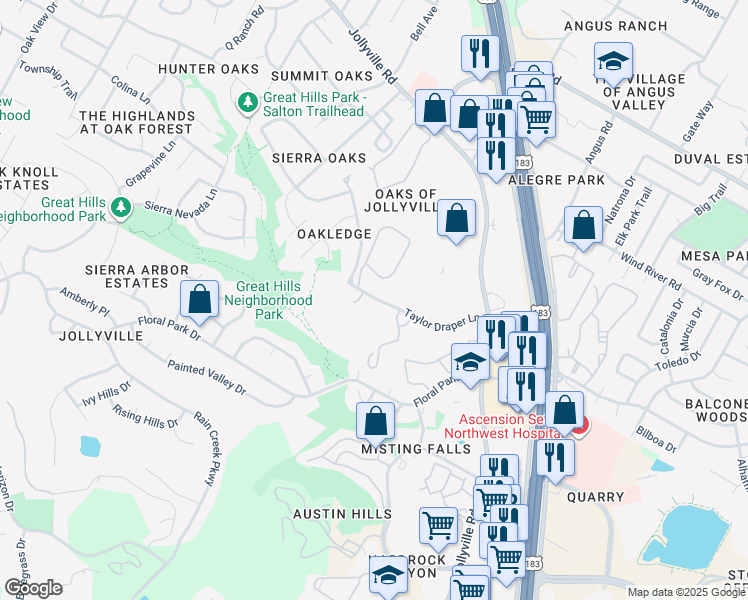 map of restaurants, bars, coffee shops, grocery stores, and more near 11266 Taylor Draper Lane in Austin