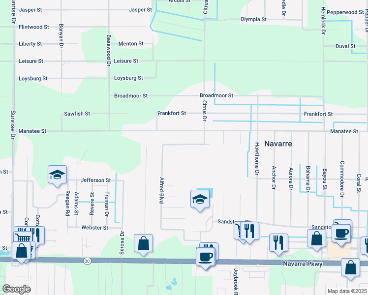 map of restaurants, bars, coffee shops, grocery stores, and more near 2075 Alfred Boulevard in Navarre