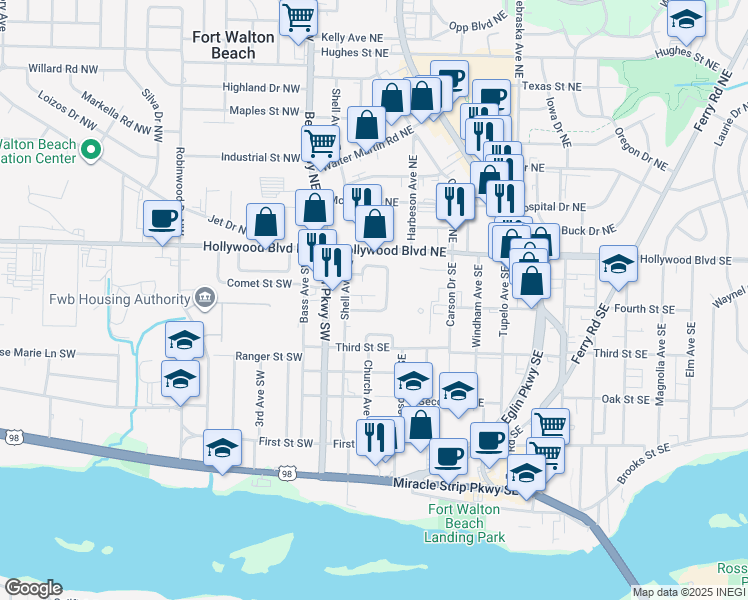 map of restaurants, bars, coffee shops, grocery stores, and more near 17 Shell Avenue Southeast in Fort Walton Beach