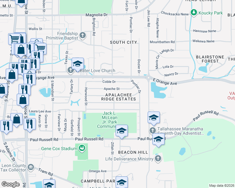 map of restaurants, bars, coffee shops, grocery stores, and more near 906 Cochran Drive in Tallahassee