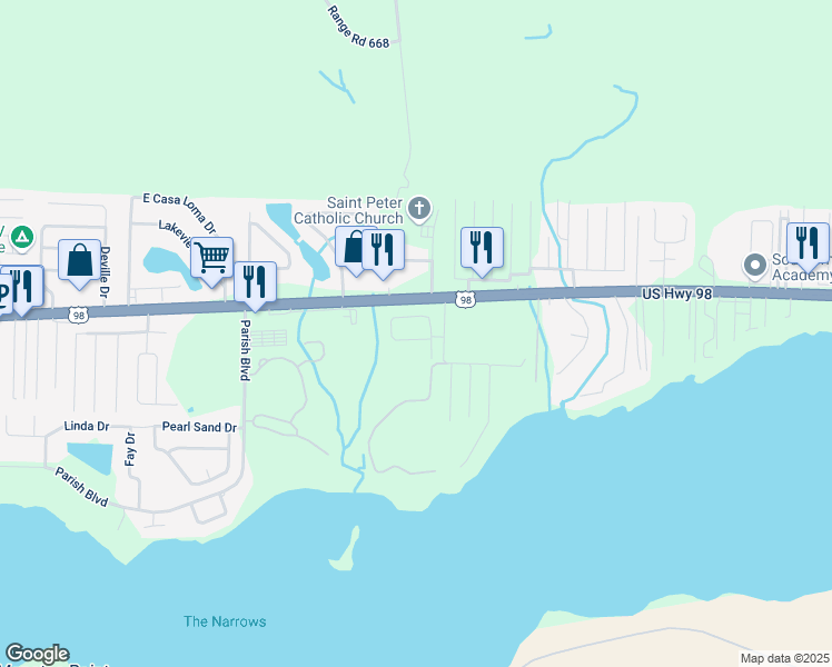 map of restaurants, bars, coffee shops, grocery stores, and more near 895 Solimar Way in Mary Esther