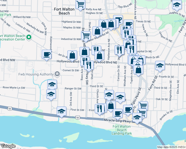 map of restaurants, bars, coffee shops, grocery stores, and more near 17 Shell Avenue Southeast in Mary Esther