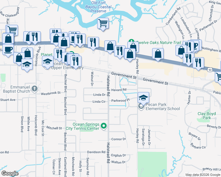 map of restaurants, bars, coffee shops, grocery stores, and more near 100-110 Linda Circle in Ocean Springs