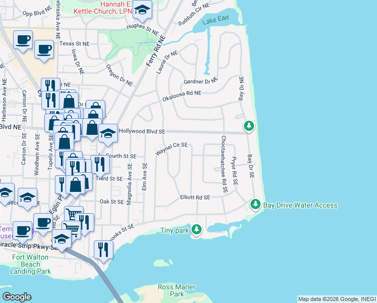map of restaurants, bars, coffee shops, grocery stores, and more near 30 Waynel Circle Southeast in Fort Walton Beach