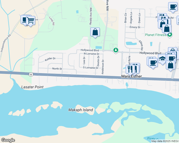 map of restaurants, bars, coffee shops, grocery stores, and more near 19 Winfield Way in Mary Esther