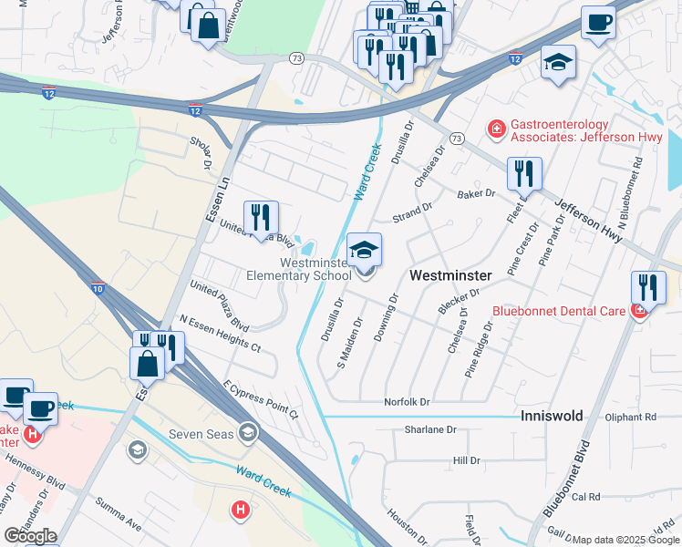 map of restaurants, bars, coffee shops, grocery stores, and more near 4266 Drusilla Drive in Baton Rouge
