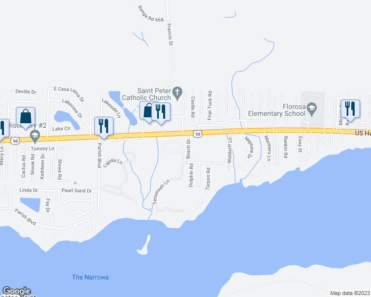map of restaurants, bars, coffee shops, grocery stores, and more near 852 Solimar Way in Mary Esther