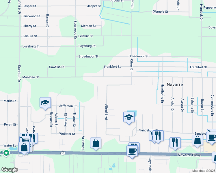 map of restaurants, bars, coffee shops, grocery stores, and more near 2052 Alfred Boulevard in Navarre
