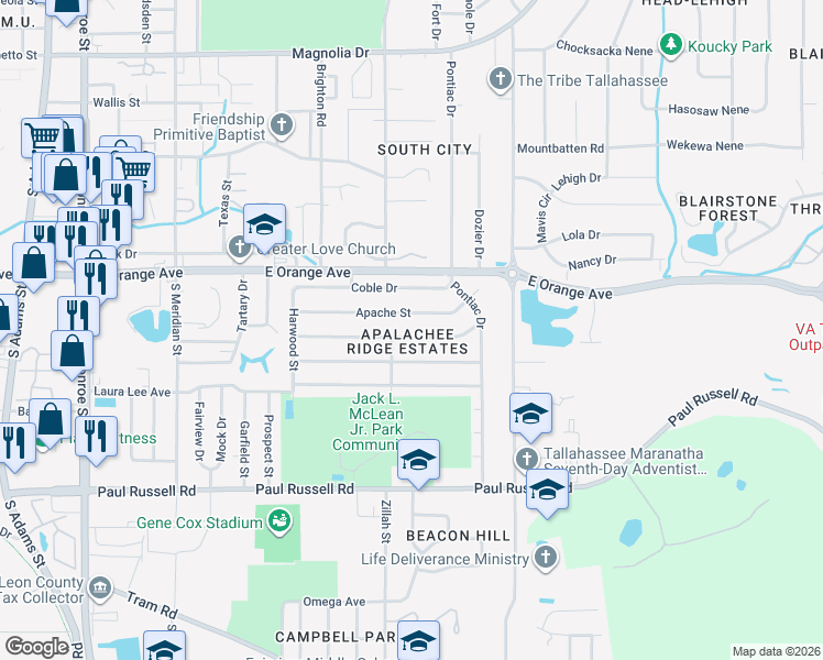 map of restaurants, bars, coffee shops, grocery stores, and more near 910 Cochran Drive in Tallahassee