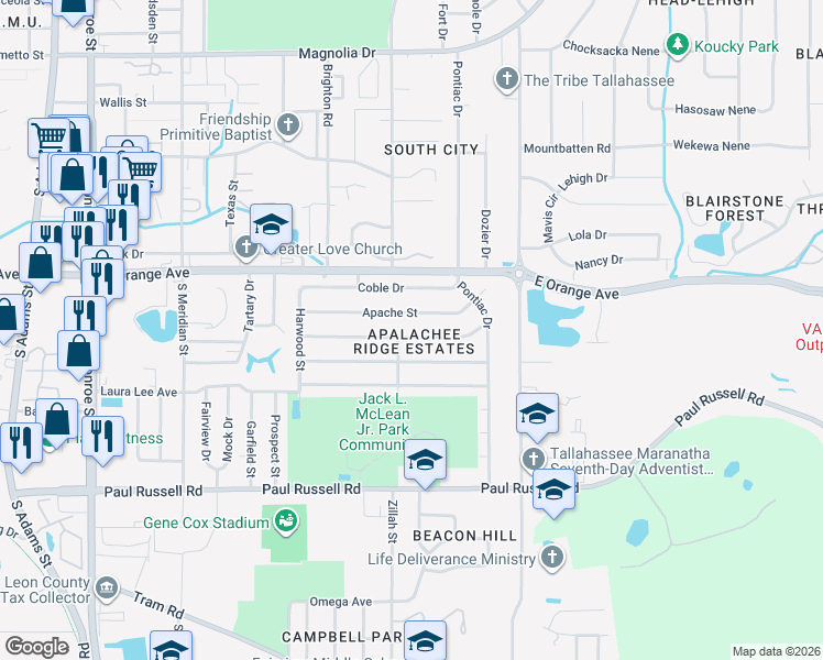 map of restaurants, bars, coffee shops, grocery stores, and more near 906 Cochran Drive in Tallahassee