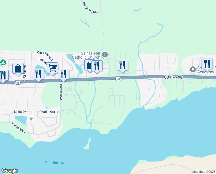 map of restaurants, bars, coffee shops, grocery stores, and more near 899 Solimar Way in Mary Esther