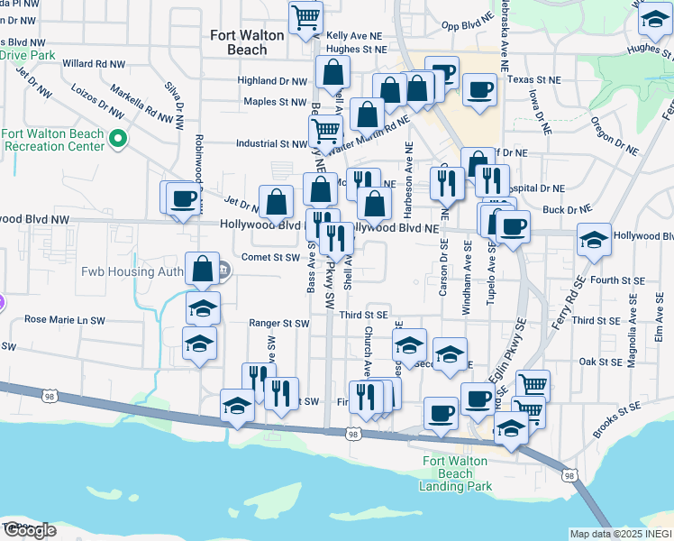 map of restaurants, bars, coffee shops, grocery stores, and more near 59 Beal Parkway Southwest in Fort Walton Beach