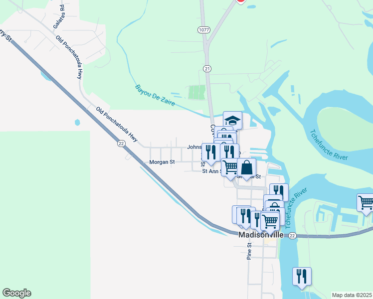map of restaurants, bars, coffee shops, grocery stores, and more near 405 Johnson Street in Madisonville