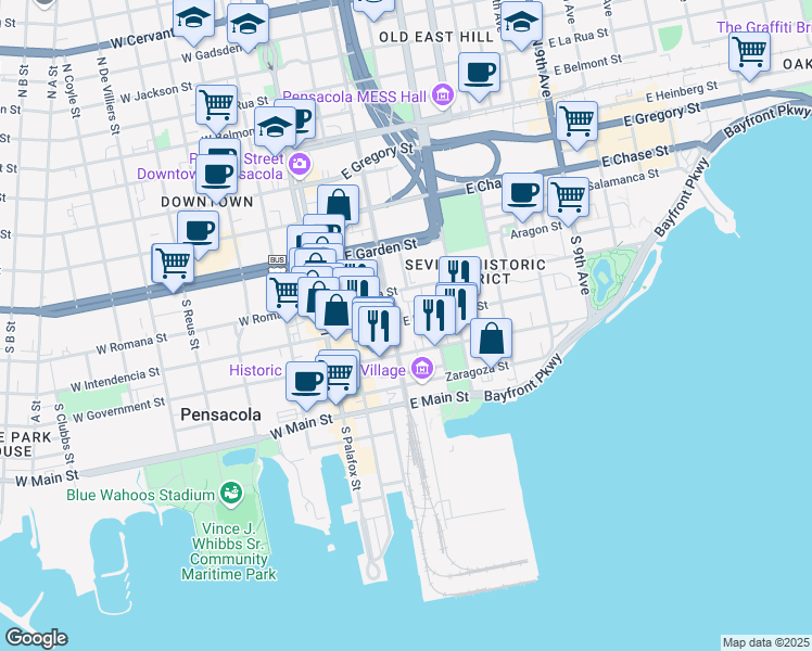map of restaurants, bars, coffee shops, grocery stores, and more near 113 Calle De Santiago in Pensacola