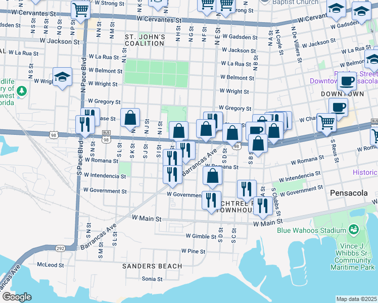 map of restaurants, bars, coffee shops, grocery stores, and more near 52 South G Street in Pensacola