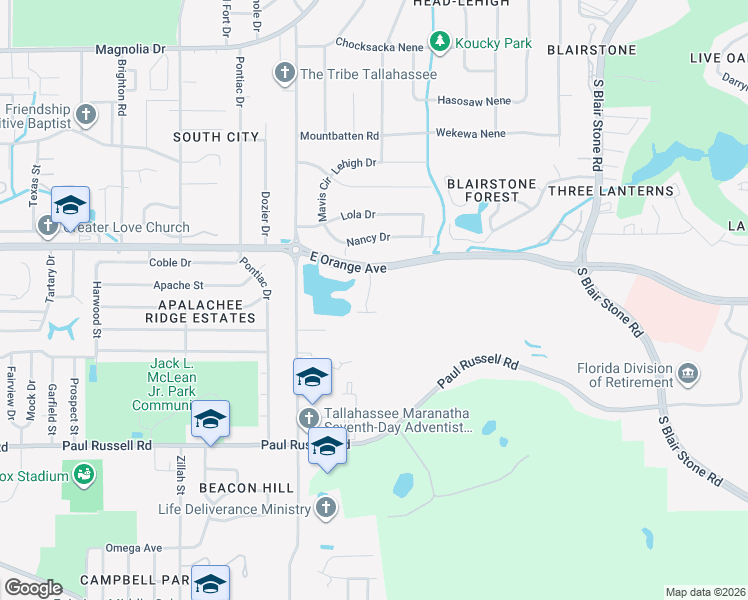 map of restaurants, bars, coffee shops, grocery stores, and more near 2818 Botany Place in Tallahassee