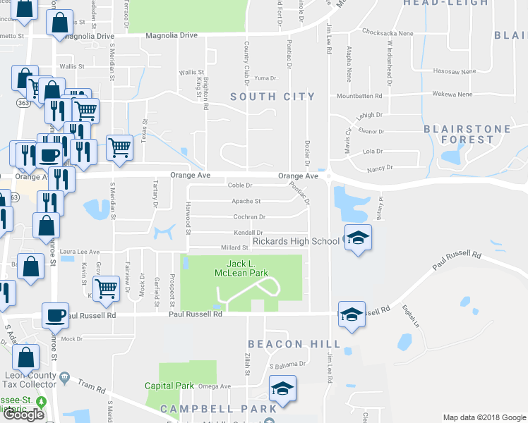 map of restaurants, bars, coffee shops, grocery stores, and more near 910 Cochran Drive in Tallahassee