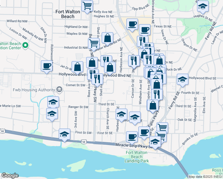 map of restaurants, bars, coffee shops, grocery stores, and more near 23 Park Circle Southeast in Fort Walton Beach