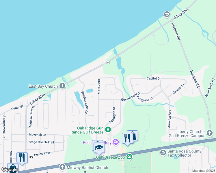 map of restaurants, bars, coffee shops, grocery stores, and more near 5636 United Court in Gulf Breeze