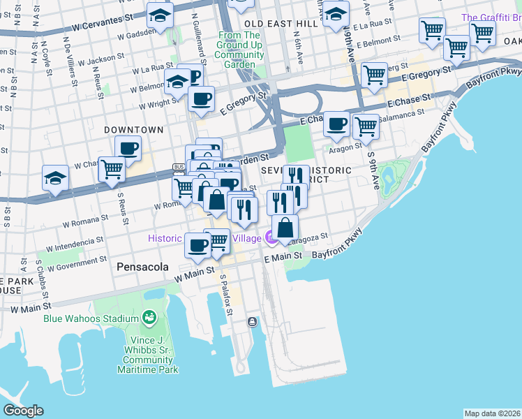 map of restaurants, bars, coffee shops, grocery stores, and more near 113 Calle De Santiago in Pensacola