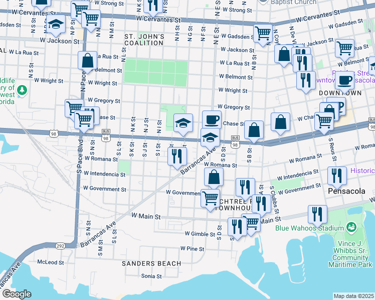 map of restaurants, bars, coffee shops, grocery stores, and more near 52 South G Street in Pensacola