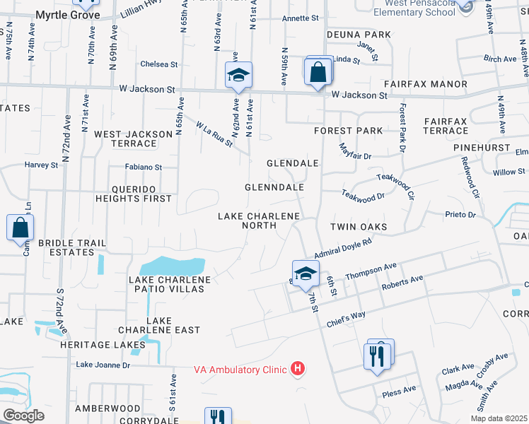 map of restaurants, bars, coffee shops, grocery stores, and more near 274 South 61st Avenue in Pensacola