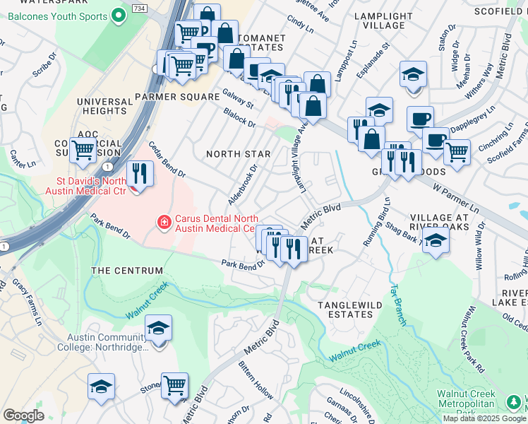 map of restaurants, bars, coffee shops, grocery stores, and more near 12319 Patron Drive in Austin
