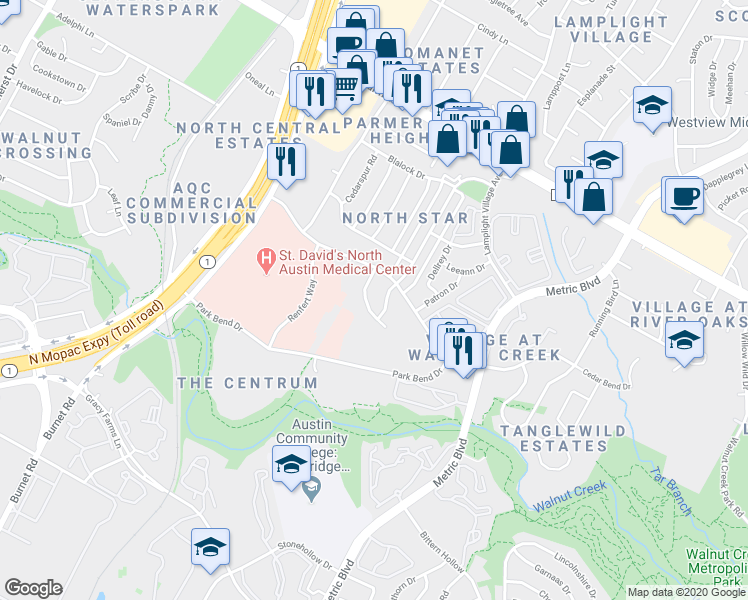 map of restaurants, bars, coffee shops, grocery stores, and more near 12208A Alderbrook Drive in Austin