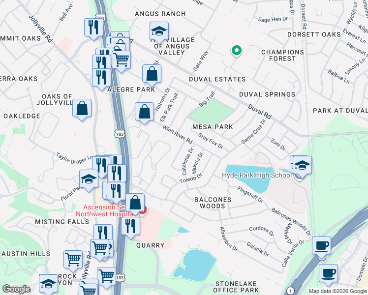 map of restaurants, bars, coffee shops, grocery stores, and more near 11509 Pyreneese Drive in Austin