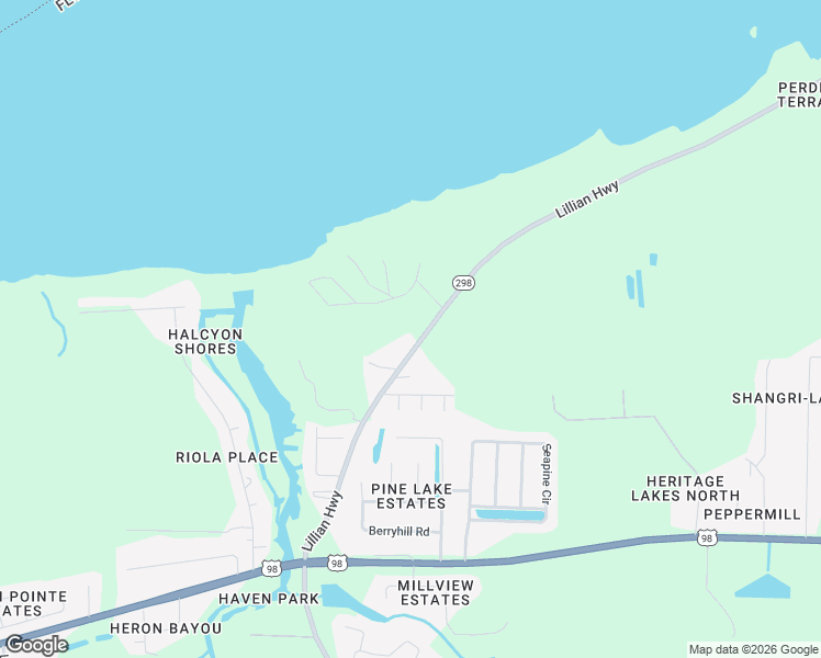 map of restaurants, bars, coffee shops, grocery stores, and more near 10770 Lillian Highway in Pensacola