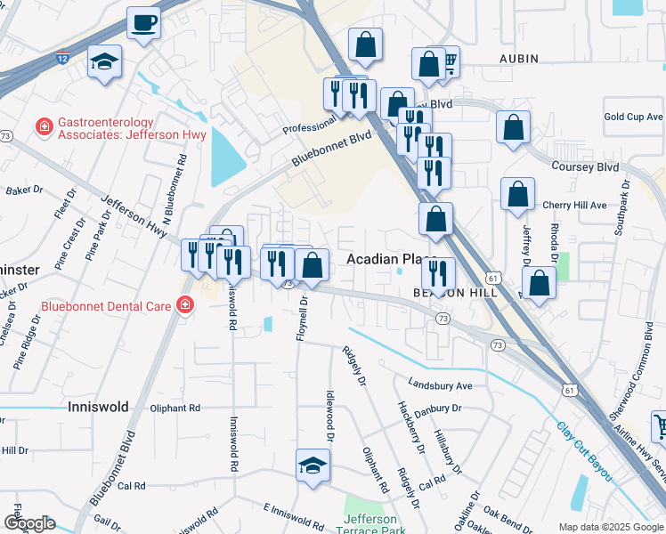 map of restaurants, bars, coffee shops, grocery stores, and more near 4155 Jefferson Woods Drive in Baton Rouge