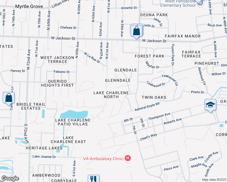 map of restaurants, bars, coffee shops, grocery stores, and more near 274 South 61st Avenue in Pensacola