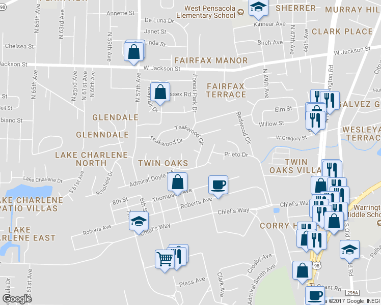 map of restaurants, bars, coffee shops, grocery stores, and more near 309 Teakwood Circle in Pensacola