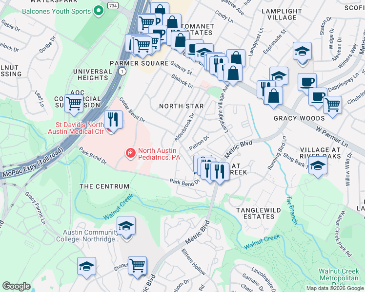 map of restaurants, bars, coffee shops, grocery stores, and more near 12302 Dellrey Drive in Austin