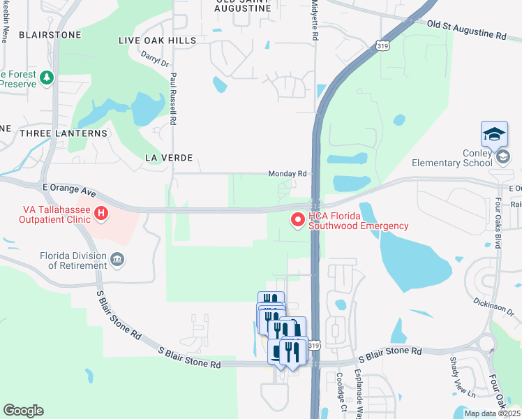 map of restaurants, bars, coffee shops, grocery stores, and more near Orange Avenue in Tallahassee