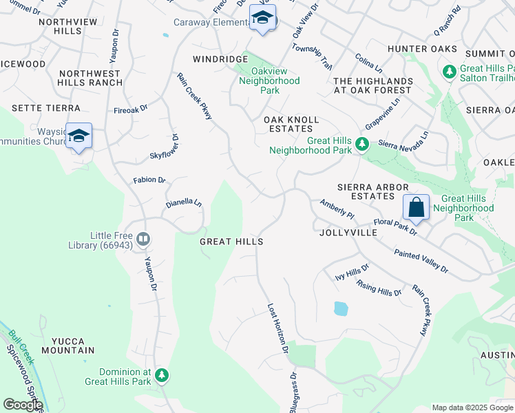 map of restaurants, bars, coffee shops, grocery stores, and more near 10407 Charette Cove in Austin