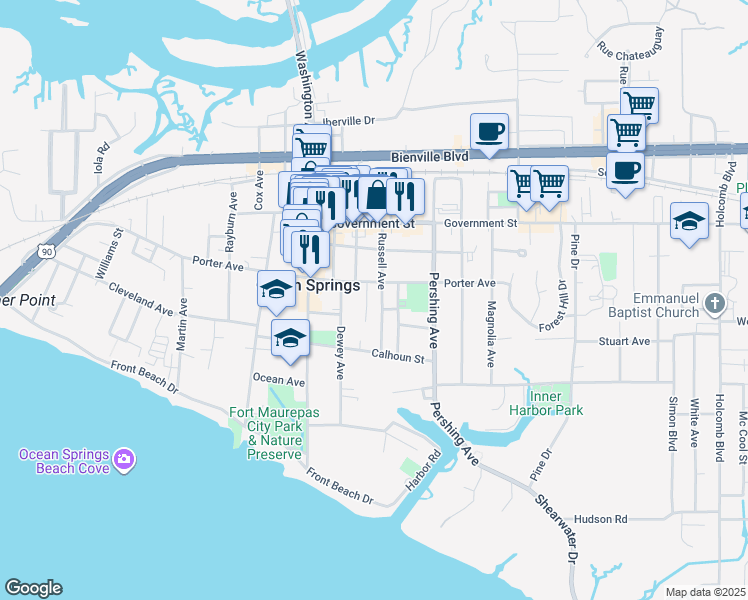 map of restaurants, bars, coffee shops, grocery stores, and more near 503 Minor Lane in Ocean Springs