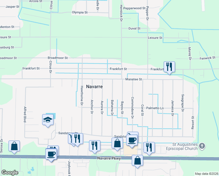 map of restaurants, bars, coffee shops, grocery stores, and more near 2095 Bahama Drive in Navarre