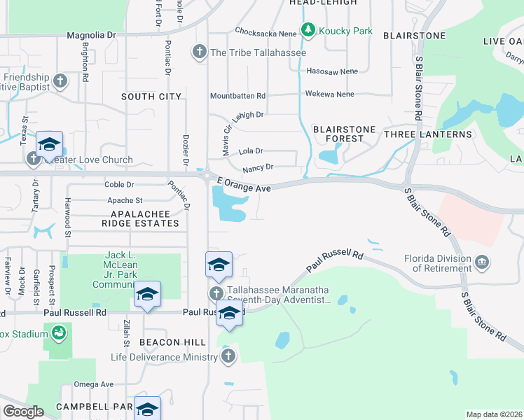 map of restaurants, bars, coffee shops, grocery stores, and more near 2818 Botany Place in Tallahassee