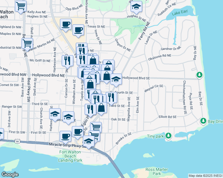 map of restaurants, bars, coffee shops, grocery stores, and more near 16 Ferry Road Southeast in Fort Walton Beach