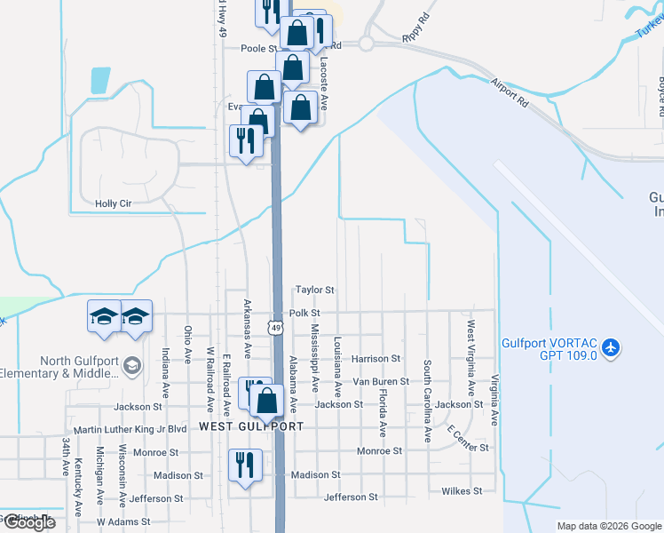 map of restaurants, bars, coffee shops, grocery stores, and more near 8441 Louisiana Avenue in Gulfport