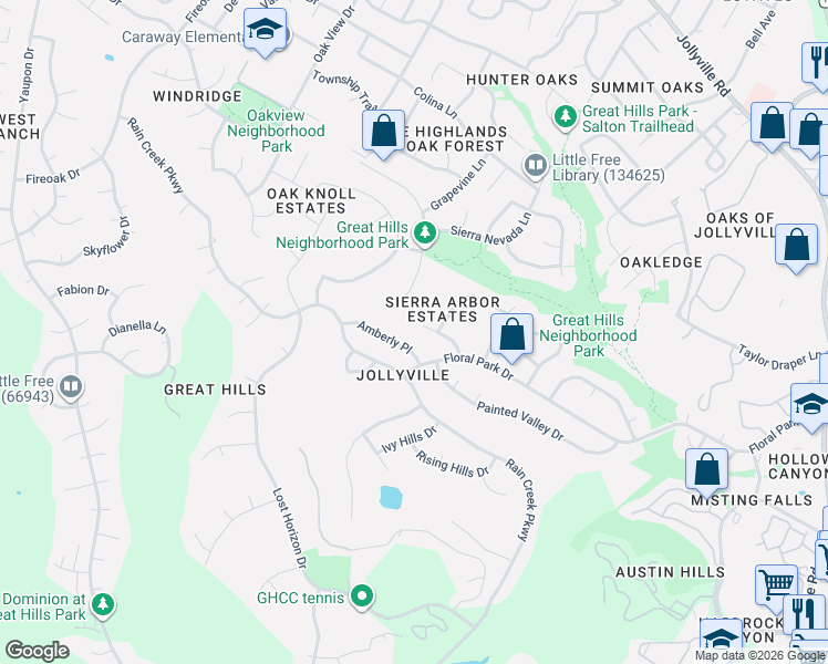 map of restaurants, bars, coffee shops, grocery stores, and more near 6107 Sierra Arbor Court in Austin