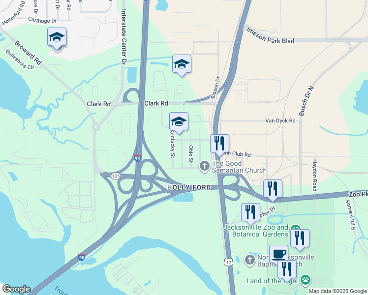 map of restaurants, bars, coffee shops, grocery stores, and more near 9431 Indiana Avenue in Jacksonville