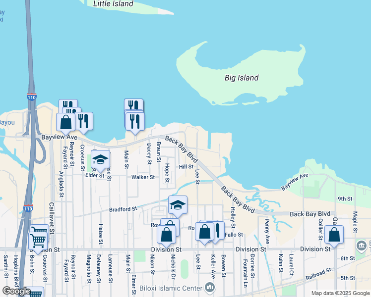 map of restaurants, bars, coffee shops, grocery stores, and more near 615 Back Bay Boulevard in Biloxi