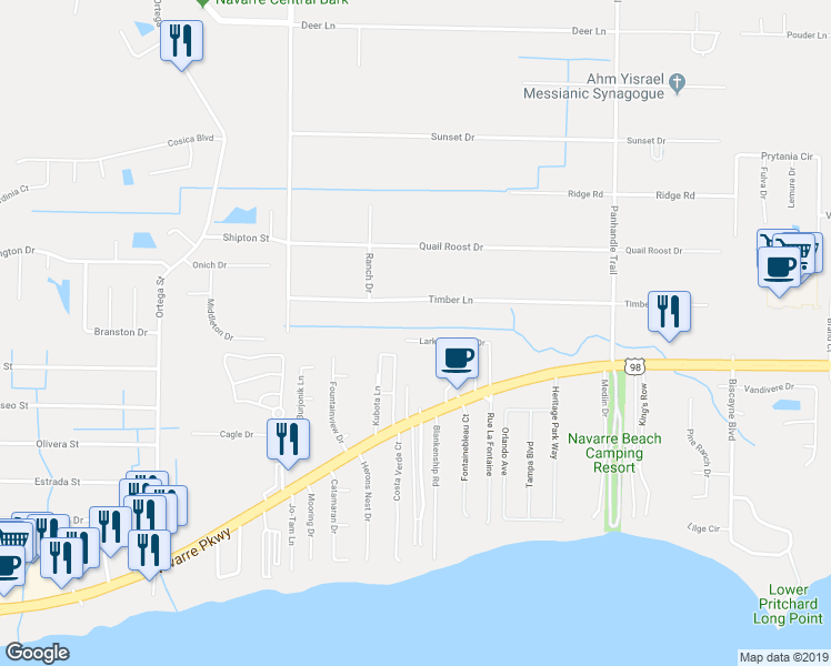 map of restaurants, bars, coffee shops, grocery stores, and more near 9008 Larker Woods Drive in Navarre