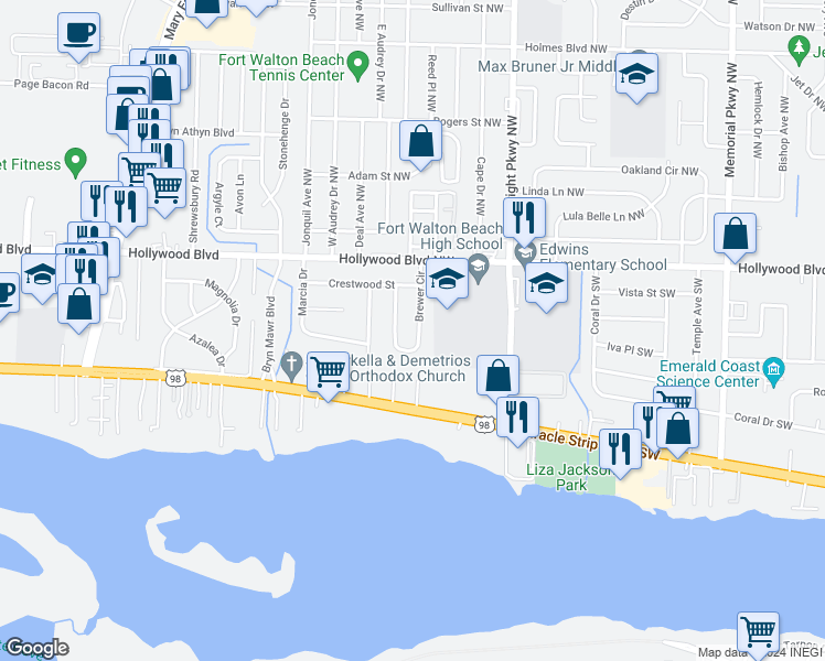 map of restaurants, bars, coffee shops, grocery stores, and more near 179 Brewer Circle in Mary Esther